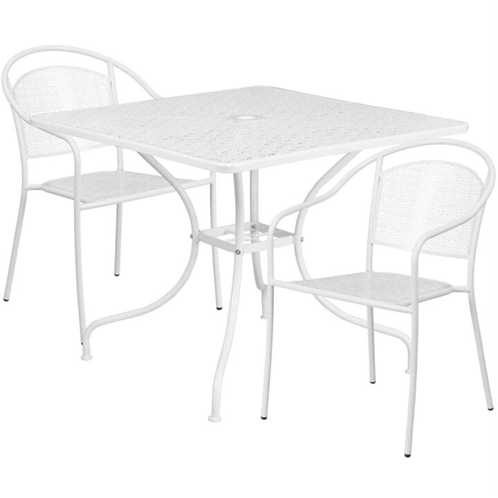 Flash Furniture Oia Commercial Grade 35.5" Square White Indoor-Outdoor Steel Patio Table Set with 2 Round Back Chairs