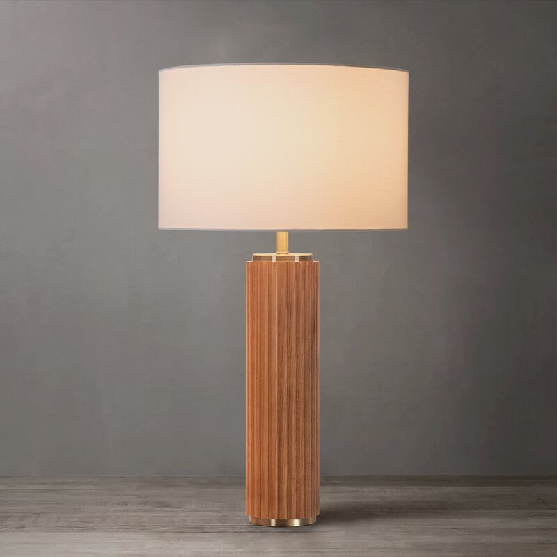 NOVA OF CALIFORNIA Tambo Table Lamp - Natural Ash Wood & Weathered Brass, White Linen Shade