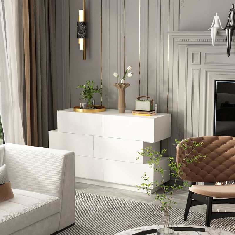 16.1 in. D x 30.7 in. H High Gloss White Wood 6-Drawer 45.3 in. W Chest of Drawers Storage Cabinet Modern Style