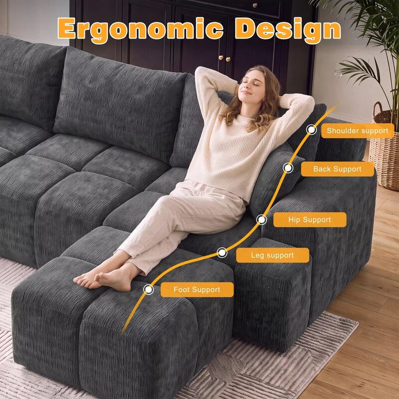 Vipbear 122" L Shaped Modular Sectional Sofa with Ottoman Oversized Deep Seat Comfy Chenille Fabric image number 5