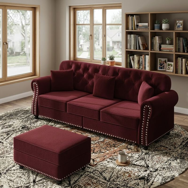 Whisen 82.6" Velvet Chesterfield Sectional, Mid-Century Modern Tufted with Nailhead & 3 Pillows image number 1