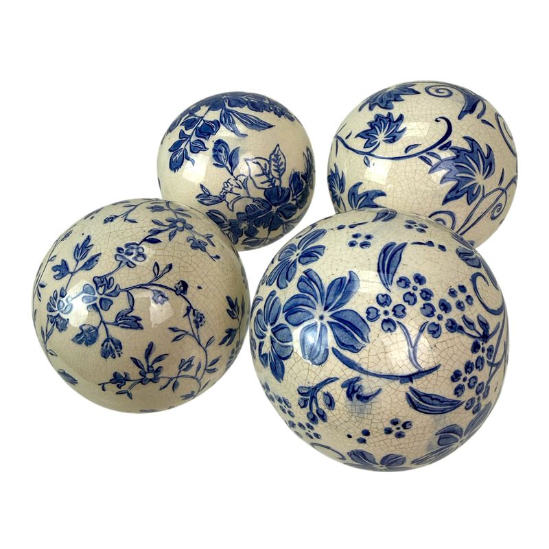 Decorative Orbs Set Of 4 Blue White Floral Crackle Ceramic 375 In image number 2