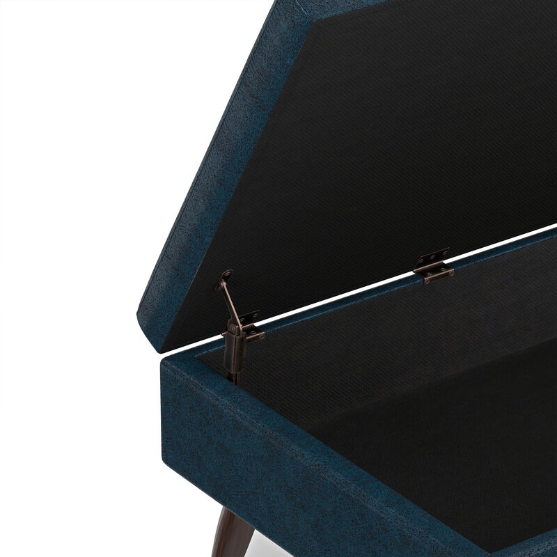 Owen 34 inch Wide Mid Century Modern Rectangle Coffee Table Storage Ottoman in Distressed Dark Blue Vegan Faux Leather, Assembled image number 5