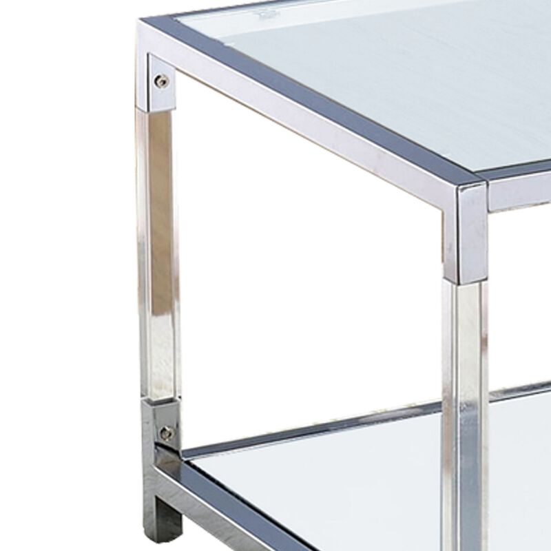 Glass Top Metal Coffee Table with Open Bottom Shelf, Silver and Clear-Benzara