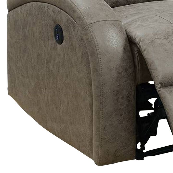 40 Inch Vegan Faux Leather Power Recliner with USB Port, Stone Gray - Benzara