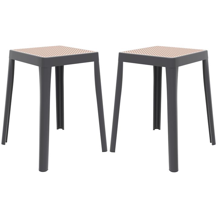LeisureMod Tresse Stackable Square Dining Stool with Wicker Top, Lightweight Durable Design for Kitchen, Garden, Balcony, Cafe, Deck, or Terrace Use, Set of 2