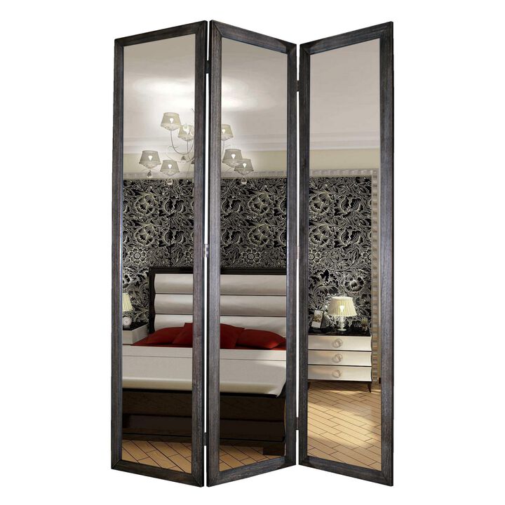 3 Panel Wooden Foldable Mirror Encasing Room Divider, Gray and Silver-Benzara