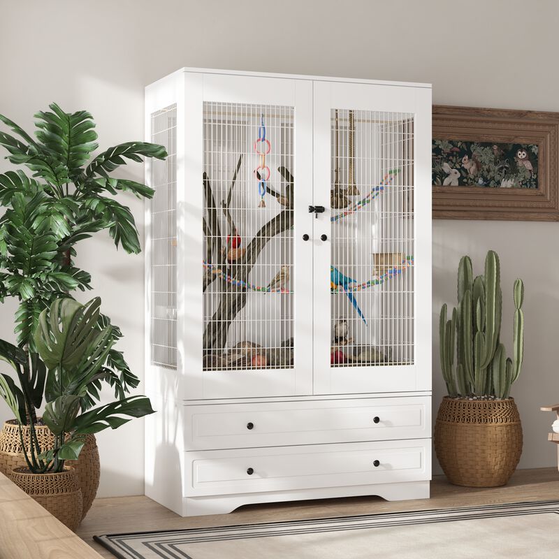 FUFU&GAGA White Storage Cabinet with 15mm PB, 18mm Wire Mesh Frame, and Melamine Finish, (37.9" L x 19" W x 46" H), White