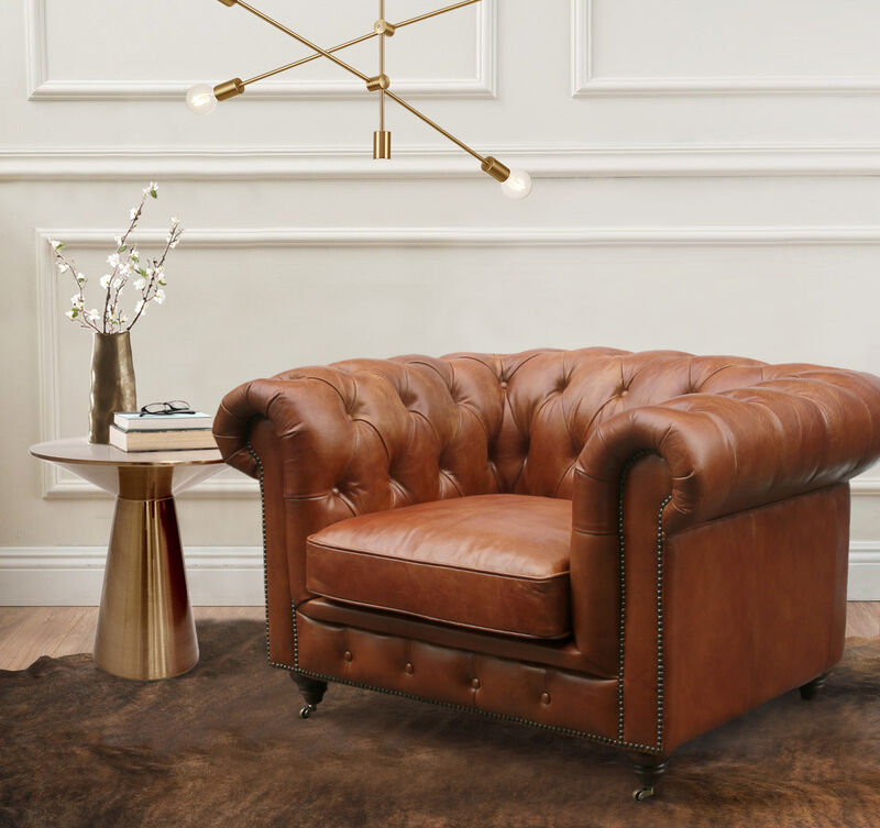 Pasargad Home Paris Club Chester Bay Genuine Leather Tufted Club Chair, Brown image number 1