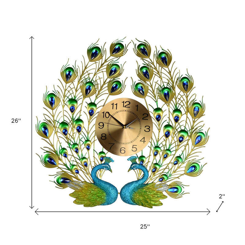 HomeRoots 25" Blue Green And Gold Metal Silent Analog Peacock Novelty Wall Clock image number 3