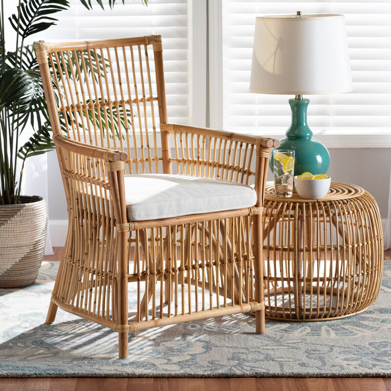 Baxton Studio Rose Modern Bohemian White Fabric Upholstered and Natural Brown Rattan Armchair