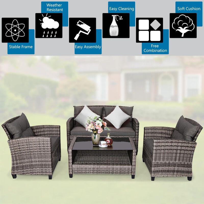 Mondawe 4 Pieces Patio Rattan Furniture Set with Coffee Table and Cushioned Sofa