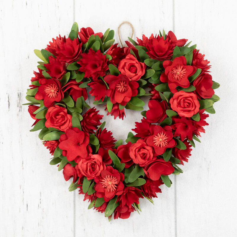 Mixed Floral Artificial Valentine's Day Heart Wreath - 15" - Red image number 4