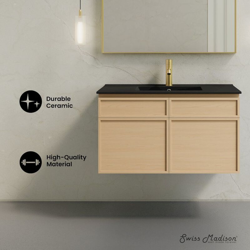St. Tropez 36" Wall-Mounted Bathroom Vanity in Natural Oak with Black Sink Top image number 1