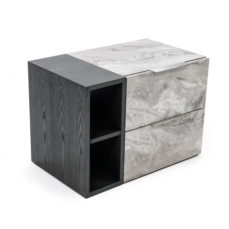 Noe Minn 26 Inch Nightstand, 2 Drawers, Faux Marble Front Panels, Gray - Benzara