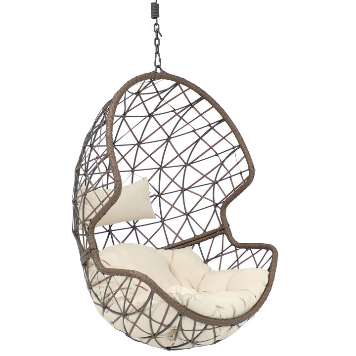 Sunnydaze Brown Resin Wicker Basket Hanging Egg Chair with Cushions