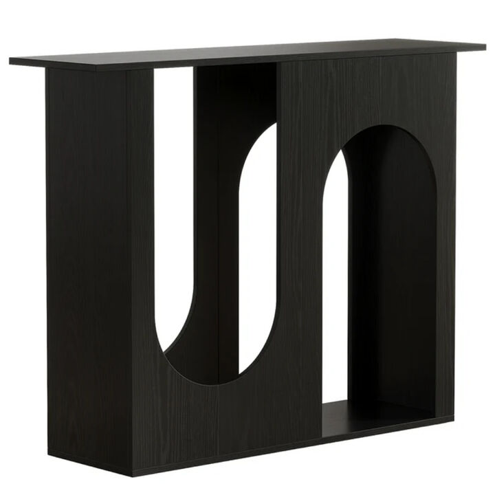 Narrow Black Sofa Console Table Behind Couch with Arched Frame