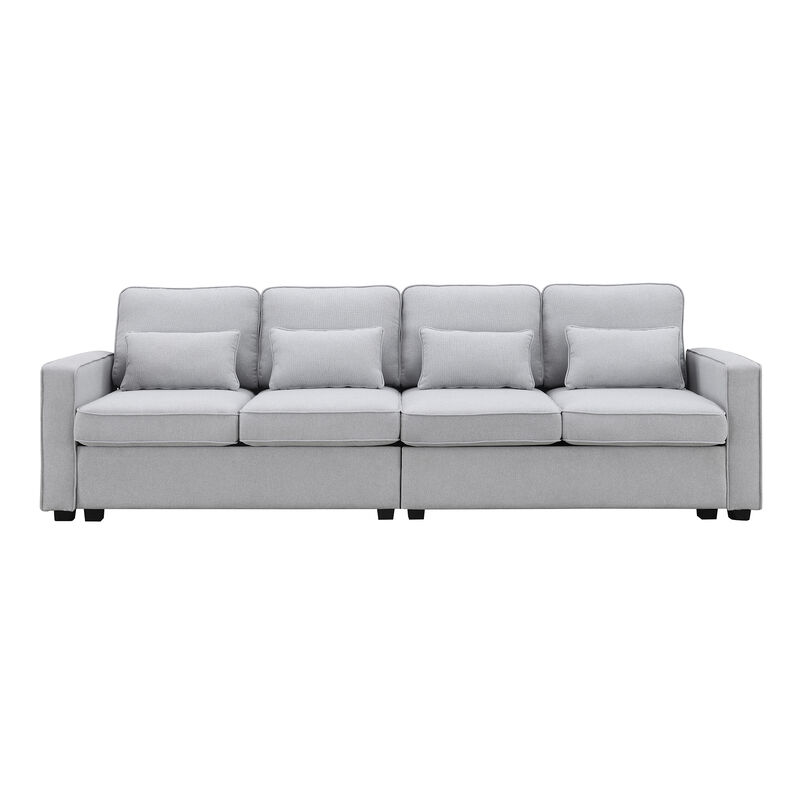 4-Seater Modern Linen Fabric Sofa With Armrest Pockets And 4 Pillows, Minimalist Style