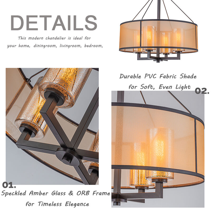 24-Inch 4-Light Oil Rubbed Bronze Transisional Chandelier with Beige Drum Shade and Mercury Glass Dimmable for Dining Room or Foyer image number 4
