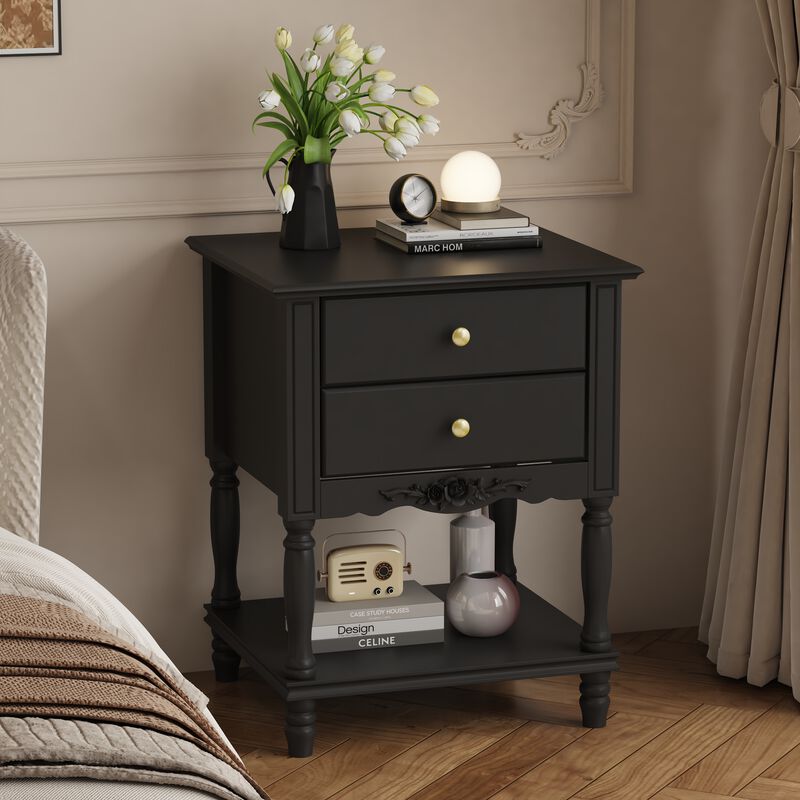FUFU&GAGA 2-Drawer Nightstand with Metal Handles and Black Finish (19.7" W x 16.9" D x 25.2" H), Black