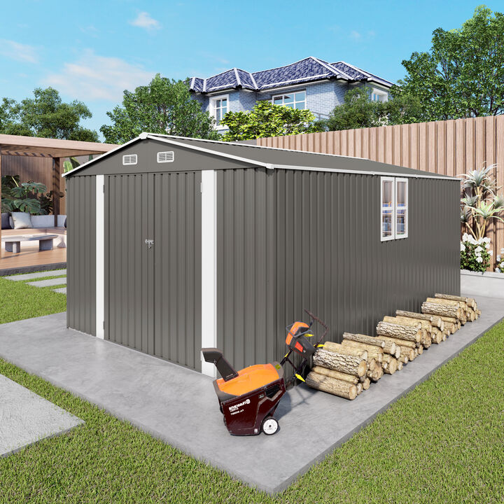 10x14 FT Outdoor Metal Storage Shed with Three Lockable Doors and Clear Window
