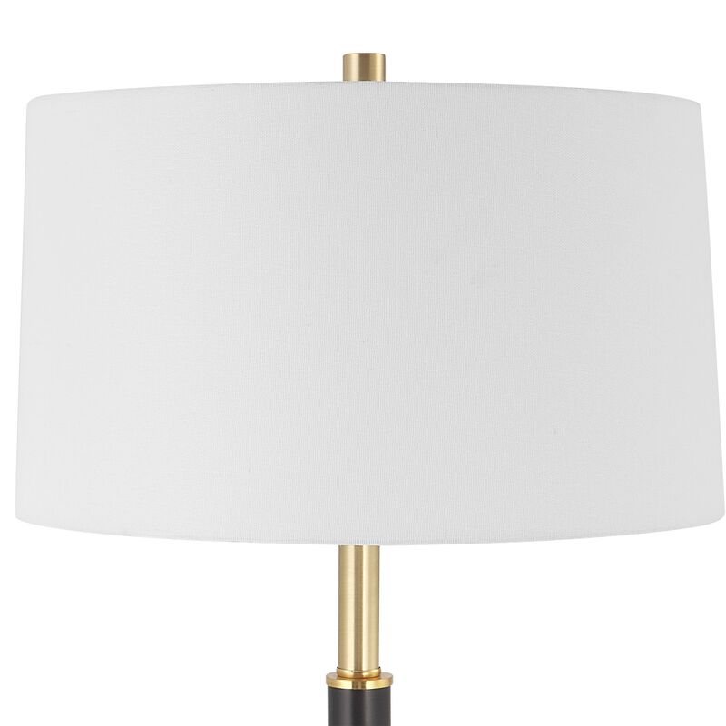 62 Inch Floor Lamp, White Tapered Hardback Shade, Black with Gold Accents - Benzara