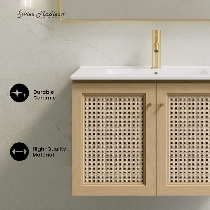 30" Wall-Mounted Bathroom Vanity in Natural Oak, Single Faucet Hole Vanity Top