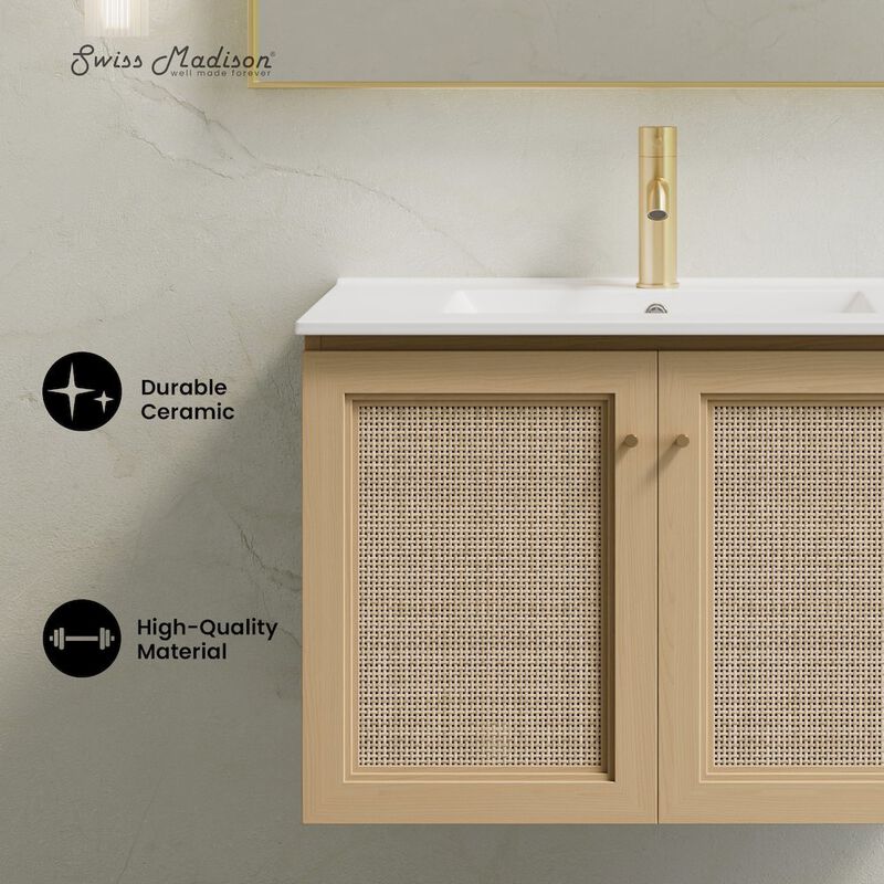 30" Wall-Mounted Bathroom Vanity in Natural Oak, Single Faucet Hole Vanity Top image number 1
