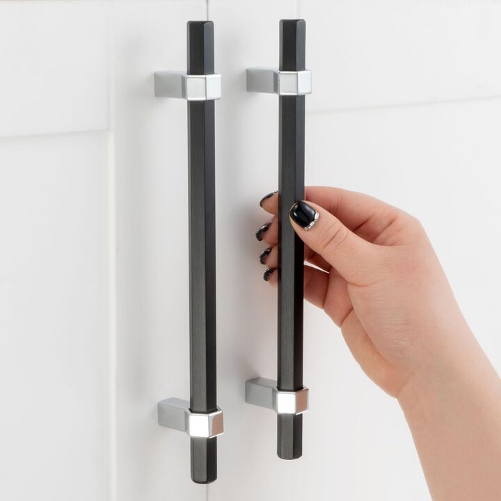 ASKANO Black and Chrome Cabinet Pulls, 6-1/4 Inch Hole Centers, Hexagon Bar Kitchen Cabinet Handles AP1310 | Pack of 10, Solid H