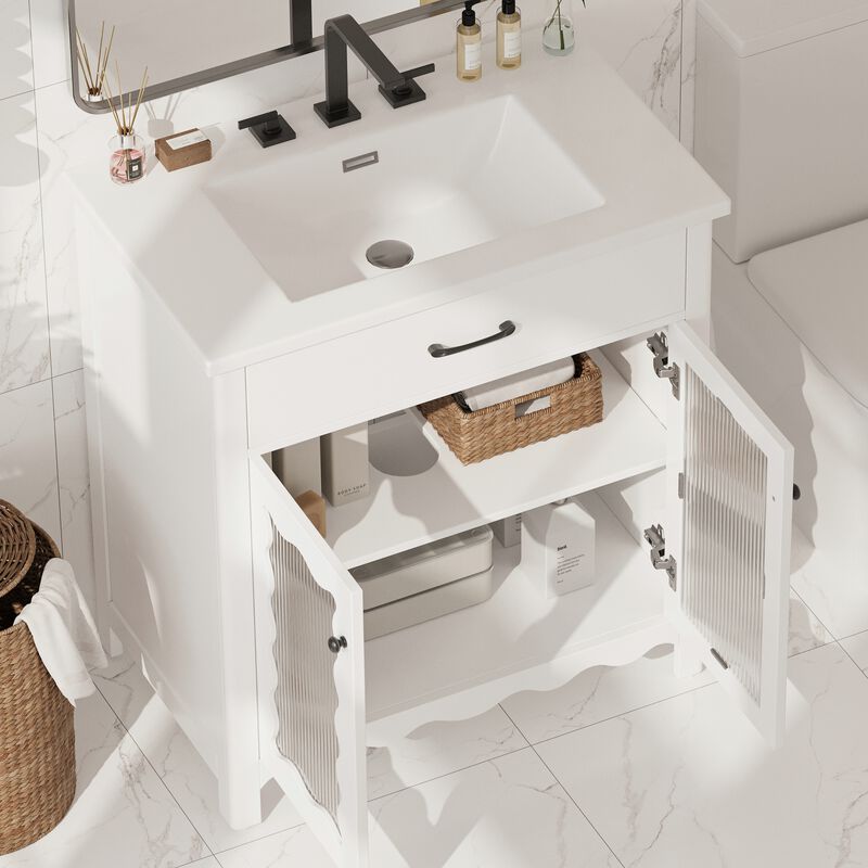 31" Modern Bathroom Cabinet with Tempered Glass, White