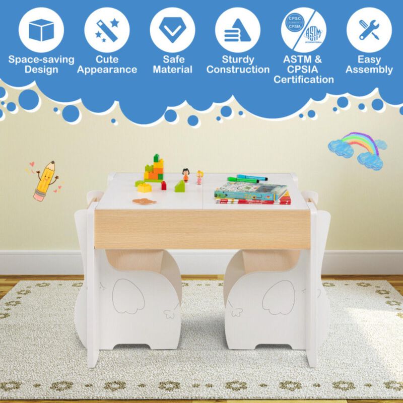 Hivvago 4-in-1 Wooden Activity Kids Table and Chairs with Storage and Detachable Blackboard-White