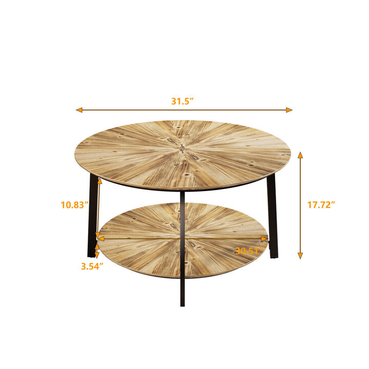 31.5 "Round Coffee Table, Stand Wooden Double Layer Coffee Table with Open Storage Space and Metal Table Legs for Living Room, Bedroom