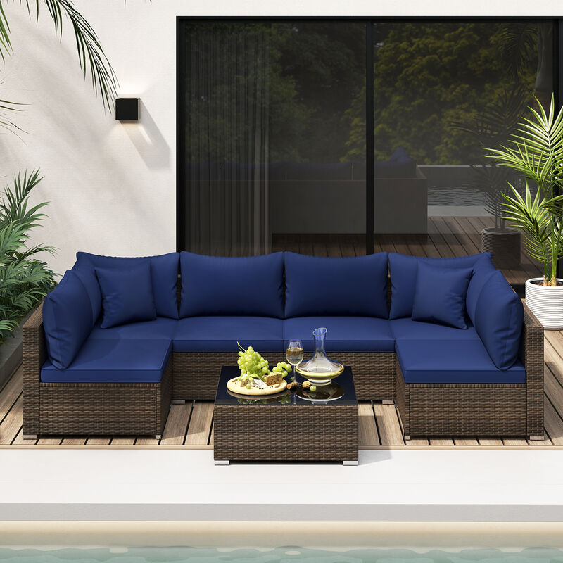 7 Pieces Patio Rattan Furniture Set with Sectional Sofa Cushions
