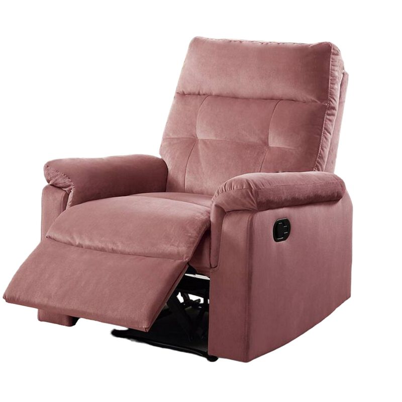 Jessy Manual Recliner Chair, Tufted Cushioned Rose Pink Velvet - Benzara