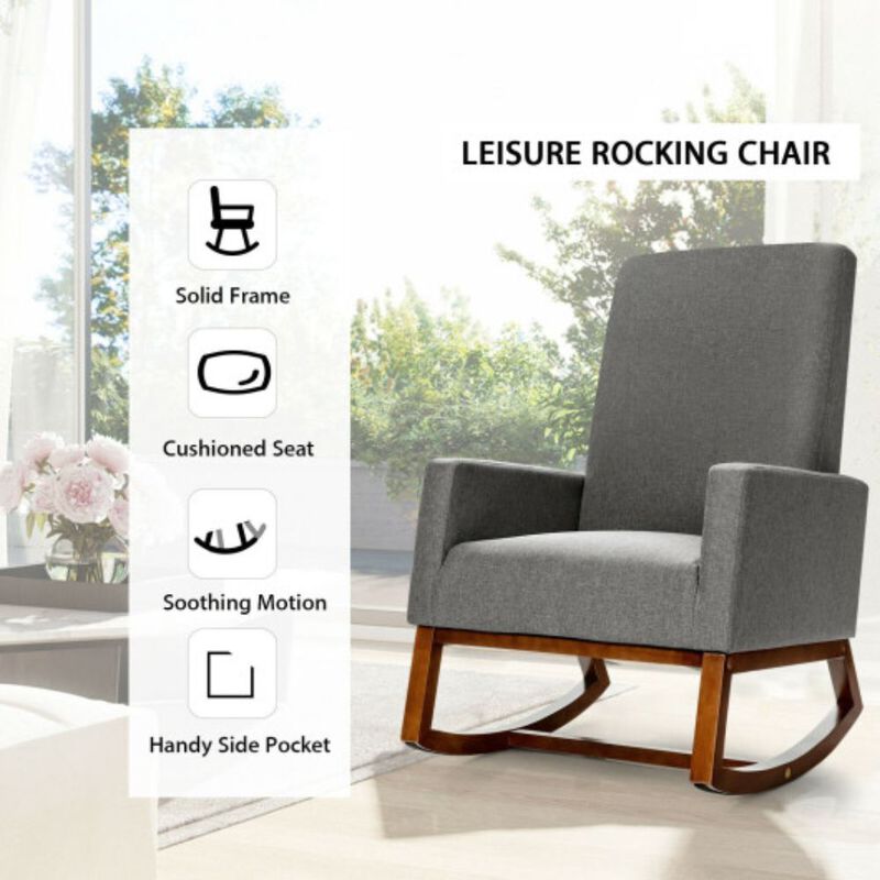 Rocking High Back Upholstered Lounge Armchair with Side Pocket-Gray image number 4