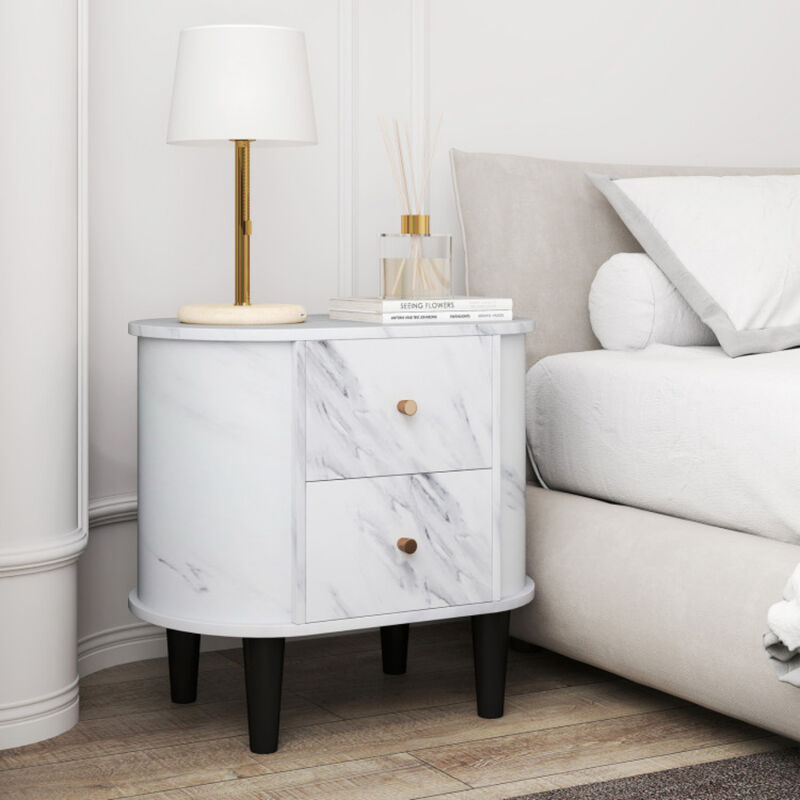 2-Drawer Nightstand with Modern Faux Marble Top, Stylish Bedside Storage Table