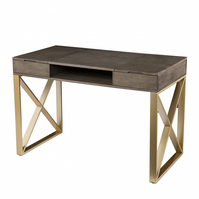 HomeRoots 45" Gray and Gold Wood Sled With Two Drawers image number 4