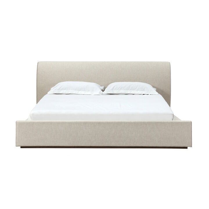 Reza King Size Platform Bed, Sleigh Headboard, Low Profile, Beige Linen - Benzara