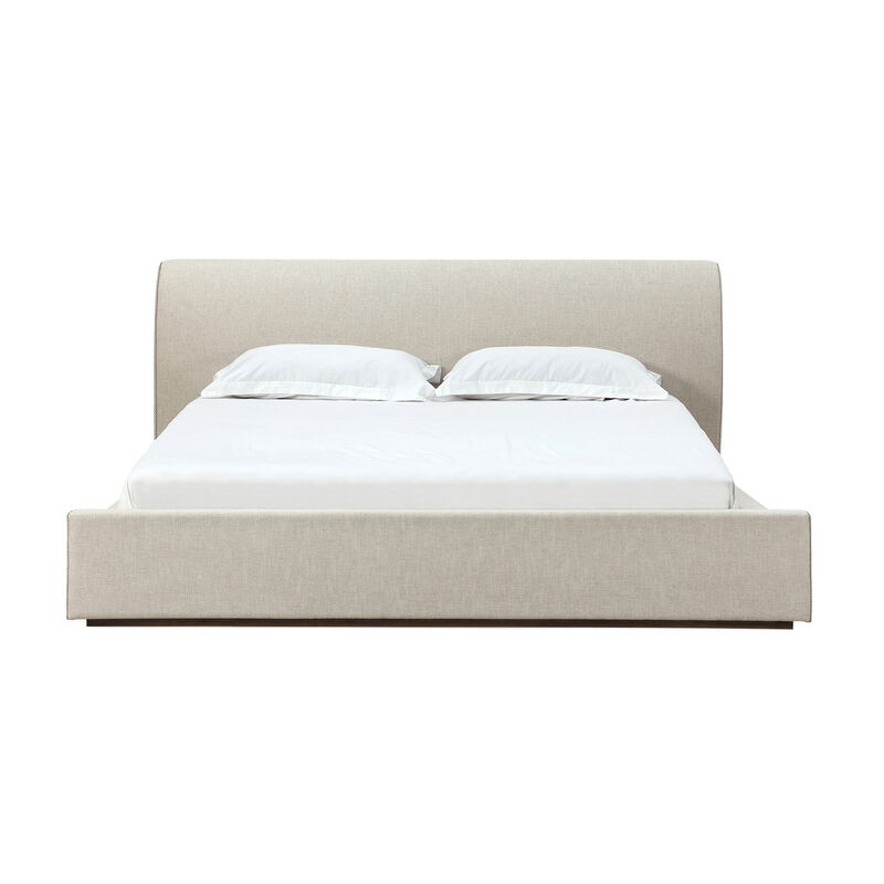 Reza Queen Size Platform Bed, Sleigh Headboard, Low Profile, Beige Linen - Benzara