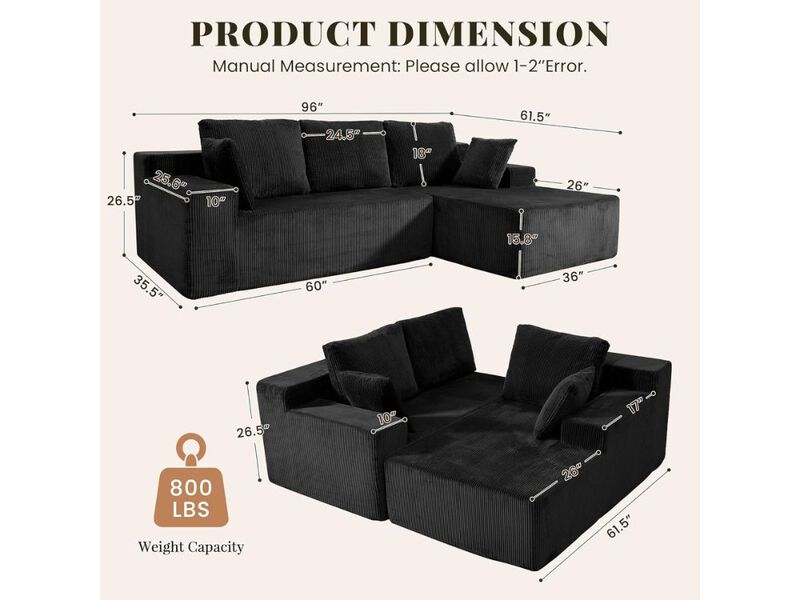 Sectional Sofa &ndash; Black Modular Cloud 3‑Seater with Chaise, Memory Foam & Washable Covers image number 2