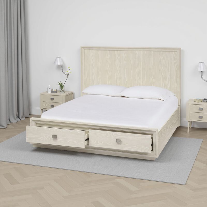 Maxi Queen Size Platform Bed, 2 Storage Drawers, High Headboard, Beige Wood - Benzara