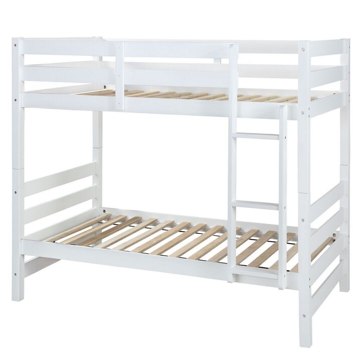Wooden Twin Over Twin Bunk Bed with Attached Ladder, White-Benzara