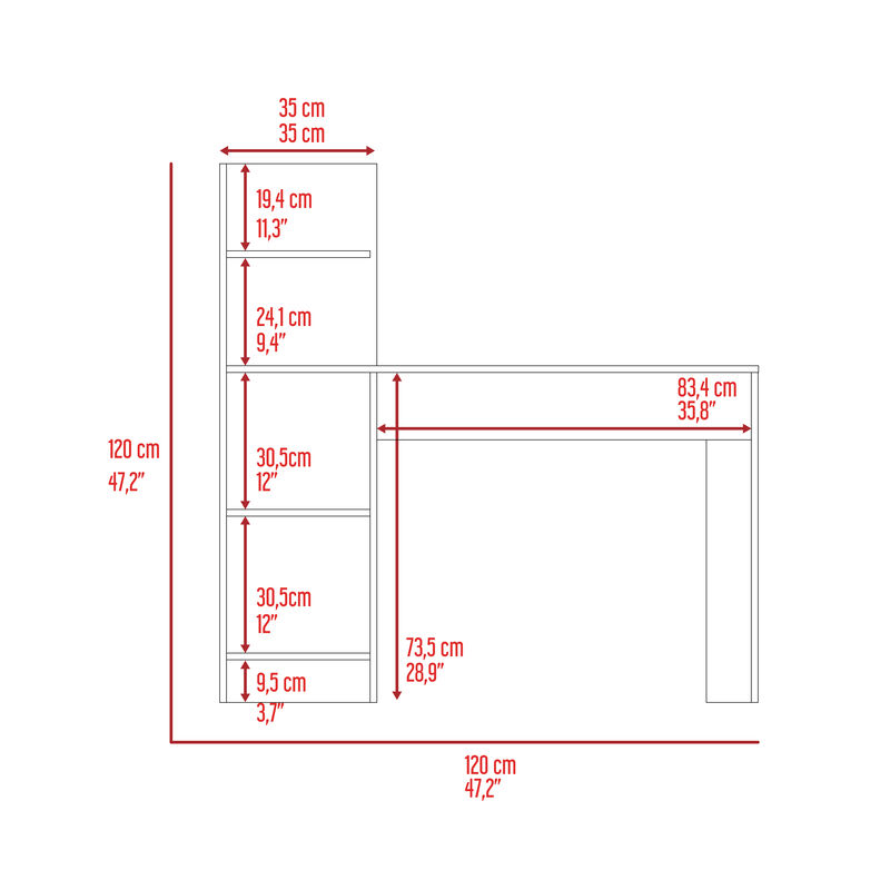 DEPOT E-SHOP Toronto 120 Writing Desk, Four Shelves, White / Pine