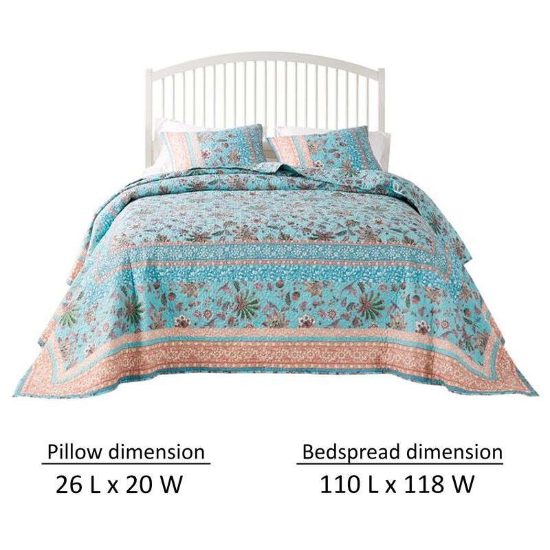 Dill 3pc Queen Bedspread Set, Bohemian Turquoise Floral Microfiber Cotton - Benzara