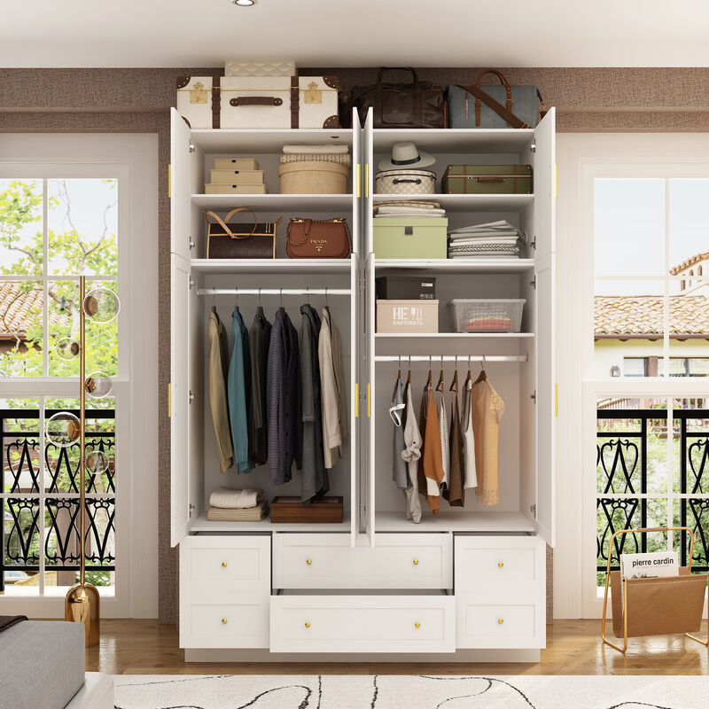 FUFU&GAGA Four-Door Wardrobe with Six Drawers and Top Cabinet (63" W x 19.7" D x 94.5" H),White