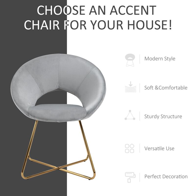 Grey Velvet Accent: Modern Curved Chair with Gold Metal Legs