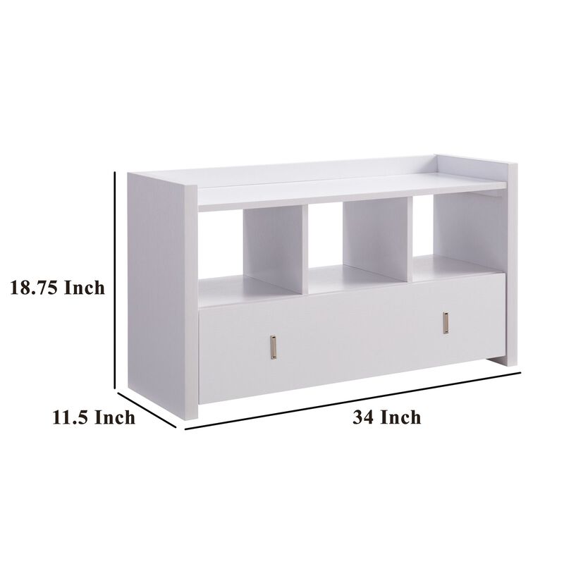 Beak Shoe Bench, 3 Open Shelves 1 Drawer, 34 Inch Classic White Finish - Benzara