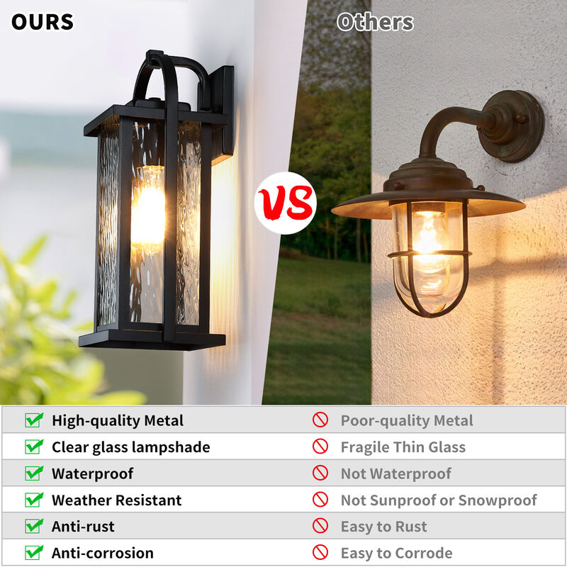 15.25 in. 1-Light Black Outdoor Wall Lantern with Clear Water Glass Shade image number 6