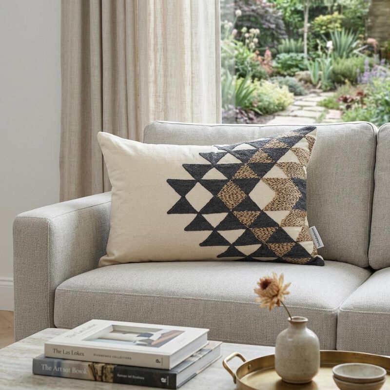 HomeRoots 14" X 20" Beige and Black Geometric Cotton Throw Pillow image number 1
