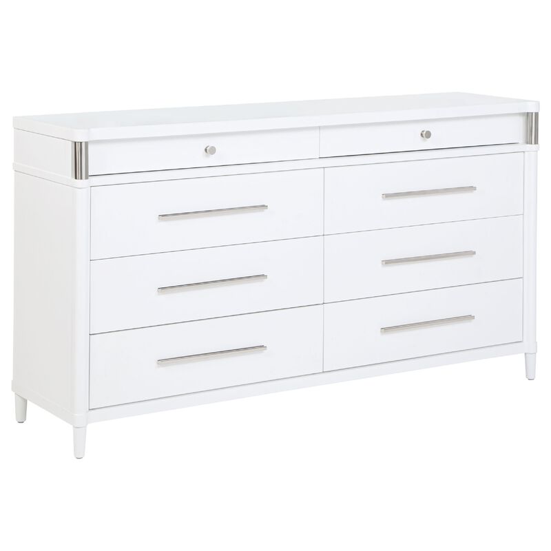 Ruvie Wide Dresser, 8 Drawers w Felt lined Jewellery Drawer, White Wood image number 2